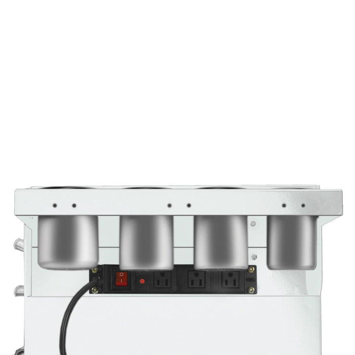 Underside view of white folding side shelf for salon cart showing aluminum cups and built-in power strip