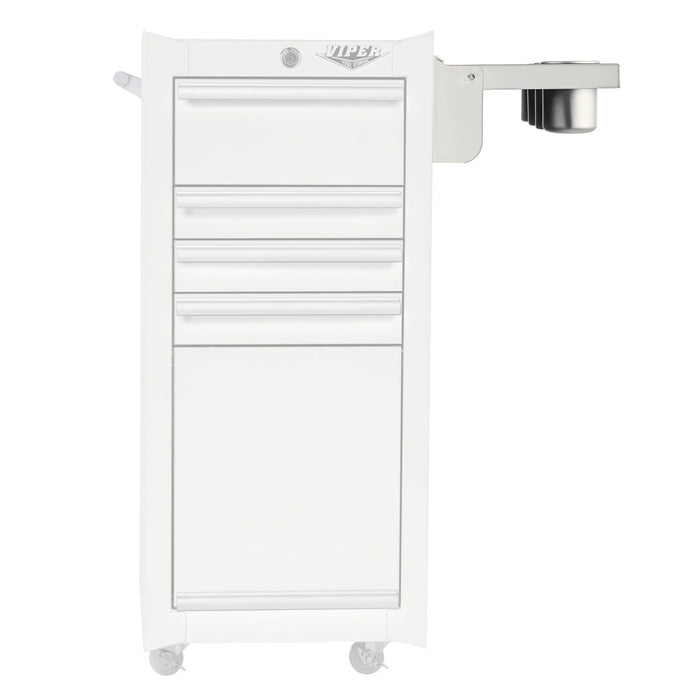 Side view of white folding side shelf attached to salon cart showing installed position and aluminum cups