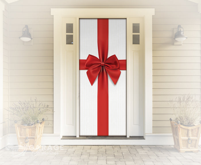 Door with a large red bow on a white background