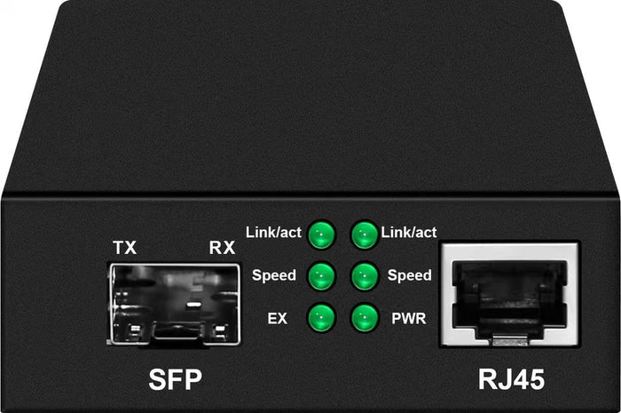 Product Marketing Image of Simply Secured SKU: POEJK-FEI by Vendor Grid Networking Product Gigabit RJ45 to 1000Base-FX SFP Fiber Media Converter with PoE Injector | 10/100/1000Base-T Copper-to-Fiber Extender | POEJK-FEI