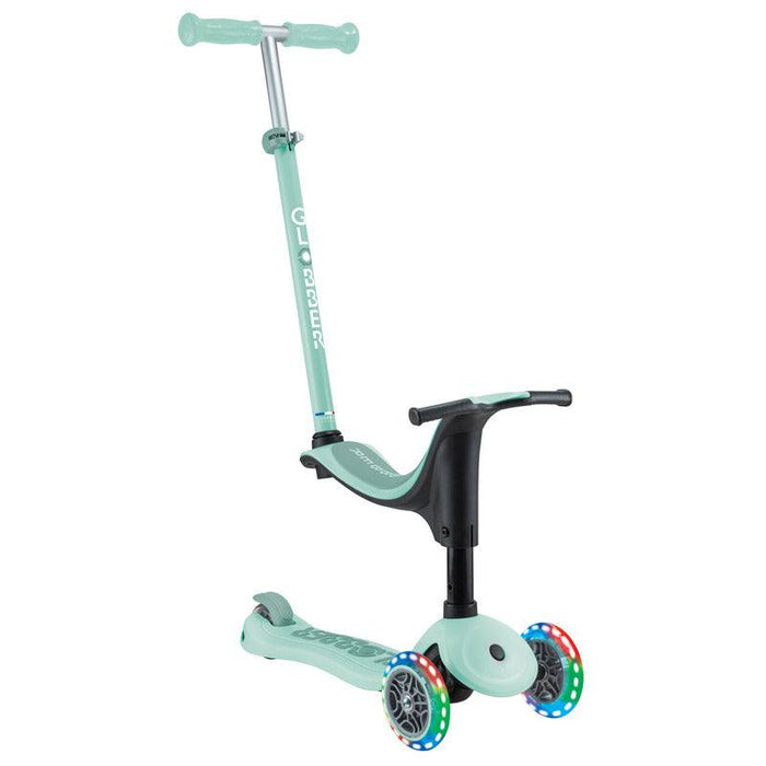 Globber GO UP SPORTY toddler scooter in mint with adjustable seat, stabilizer, and light-up front wheels