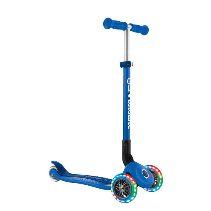 Globber PRIMO Foldable Lights 3-wheel navy blue kids scooter with LED light-up wheels and adjustable handlebar