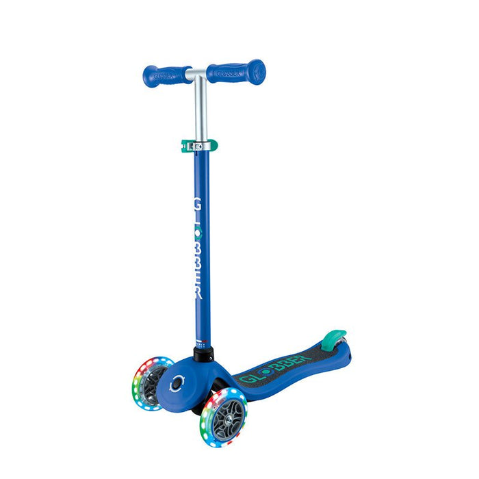PRIMO PLUS LIGHTS kids 3-wheel scooter with blue and green light-up wheels and adjustable T-bar