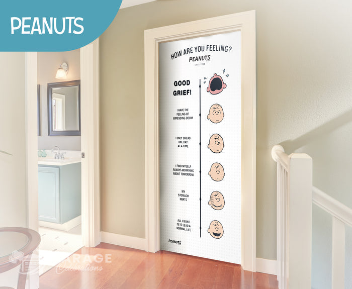 Bedroom door with the different moods of Charlie Brown and the text Goog Grief!