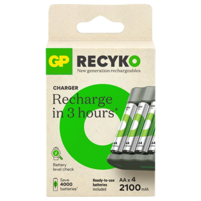 GP Recyko 4 slot USB Charger B441 with 4x AA 2100mAh NiMH Batteries