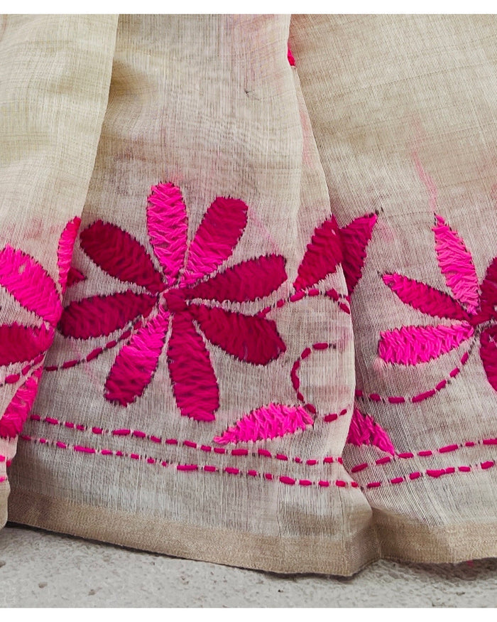 White Chanderi Cotton Kantha stitch embroidered saree in pink threads and golden border