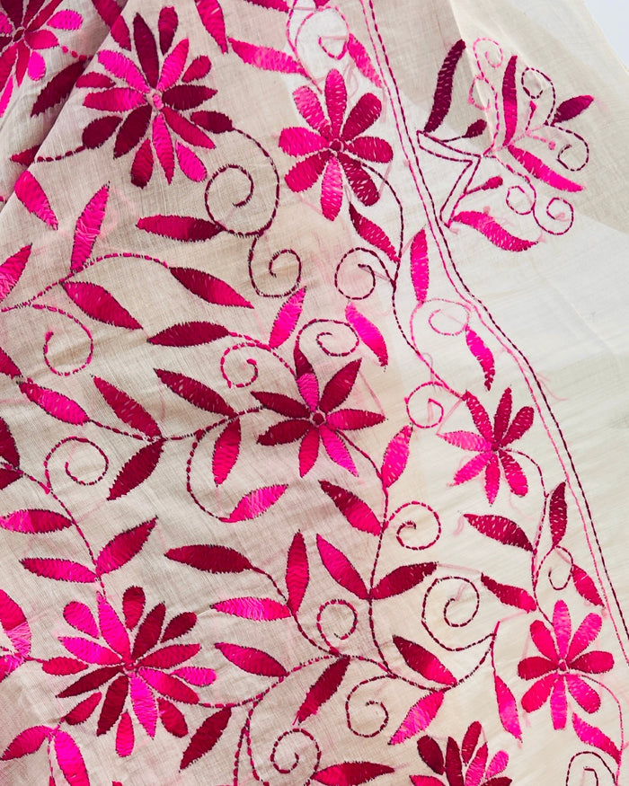 White Chanderi Cotton Kantha stitch embroidered saree in pink threads and golden border