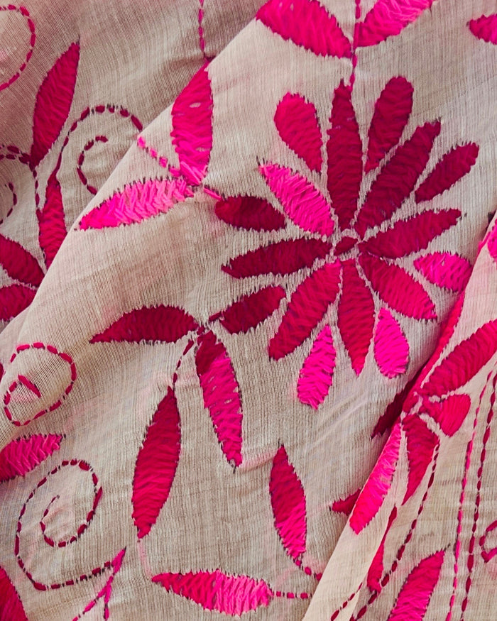 White Chanderi Cotton Kantha stitch embroidered saree in pink threads and golden border
