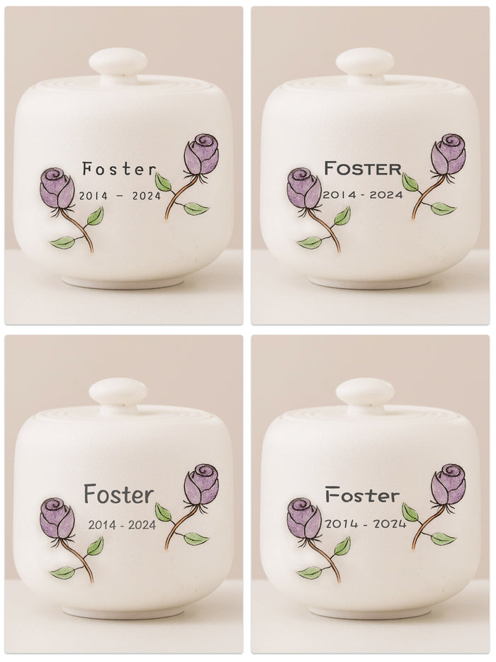Hand Painted Purple Rose Elegant White Pet Urn  Personalized Cat & Dog Pet Urn, Custom Carved Pottery Keepsake Urn