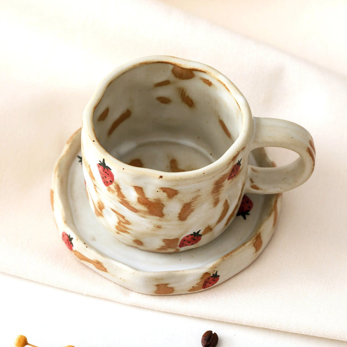 Hand Painted Strawberry Ceramic Coffee Cup and Saucer