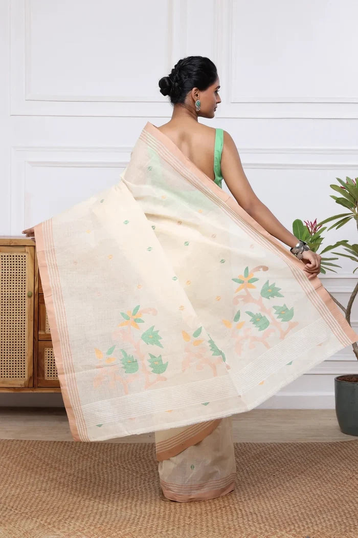 Handloom Beige Pure Cotton Jamdani Saree with Multi Colour Floral Motifs