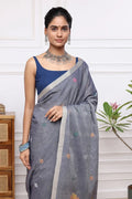 Handloom Grey Soft Cotton Jamdani with Multi Colour Floral Motifs