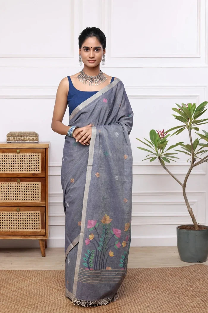 Handloom Grey Soft Cotton Jamdani with Multi Colour Floral Motifs