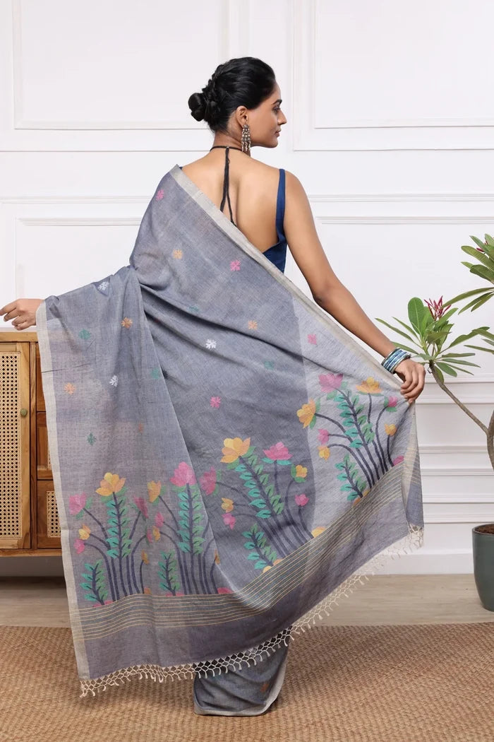 Handloom Grey Soft Cotton Jamdani with Multi Colour Floral Motifs