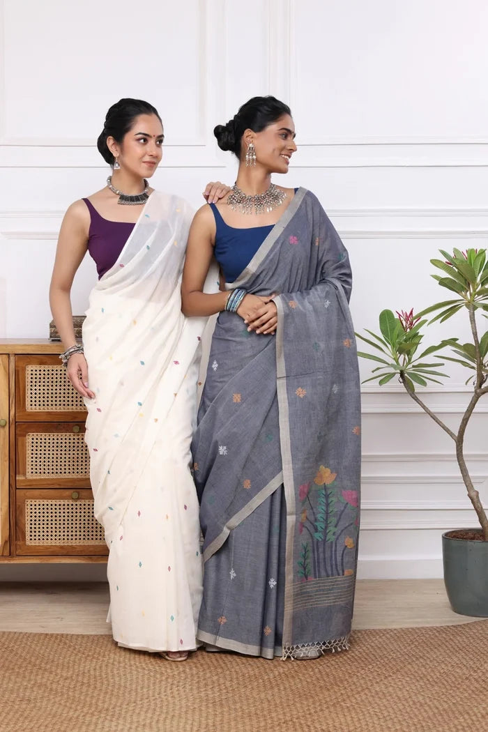 Handloom Grey Soft Cotton Jamdani with Multi Colour Floral Motifs