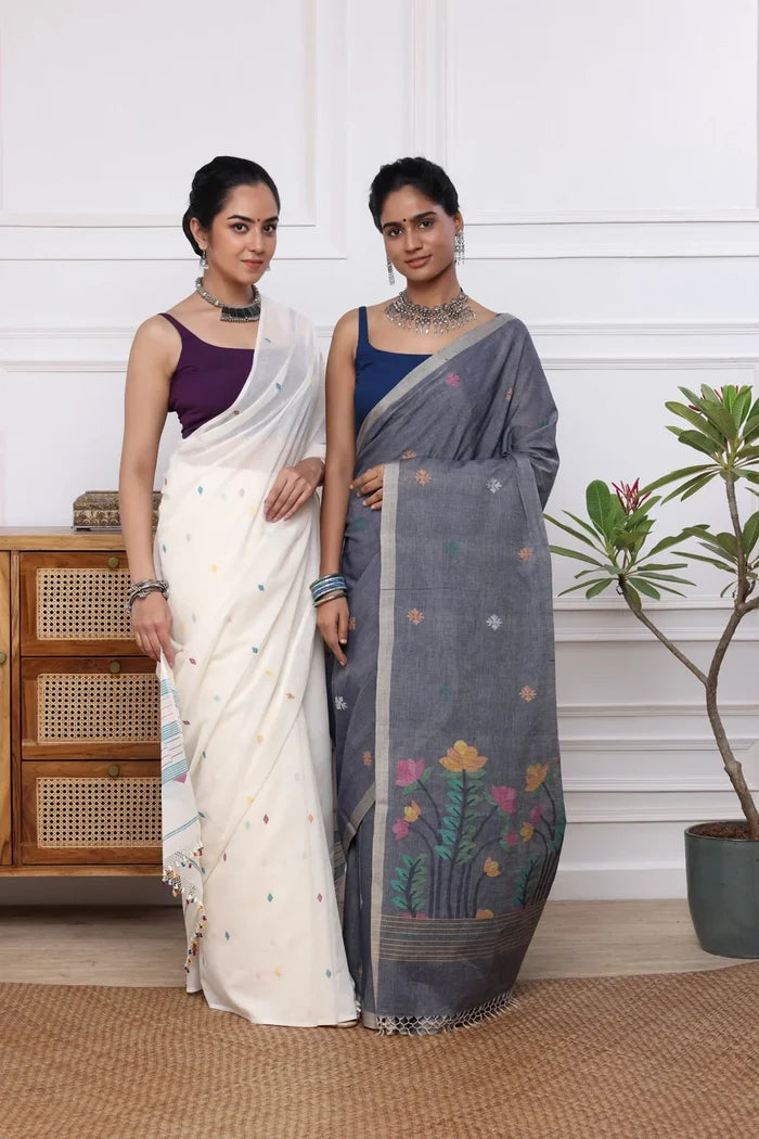 Handloom Grey Soft Cotton Jamdani with Multi Colour Floral Motifs