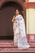 Handloom White Pure Cotton Exclusive Jamdani Saree with Red & White Flowers