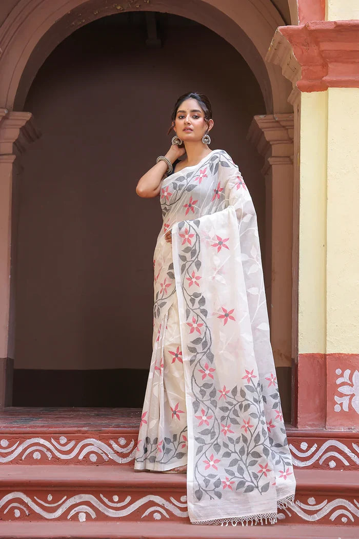 Handloom White Pure Cotton Exclusive Jamdani Saree with Red & White Flowers
