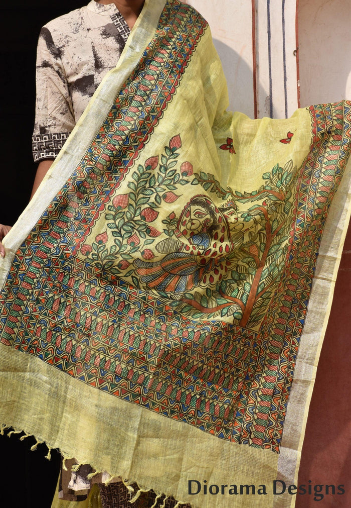 Handpainted Madhubani Linen Radha Krishna Dupatta