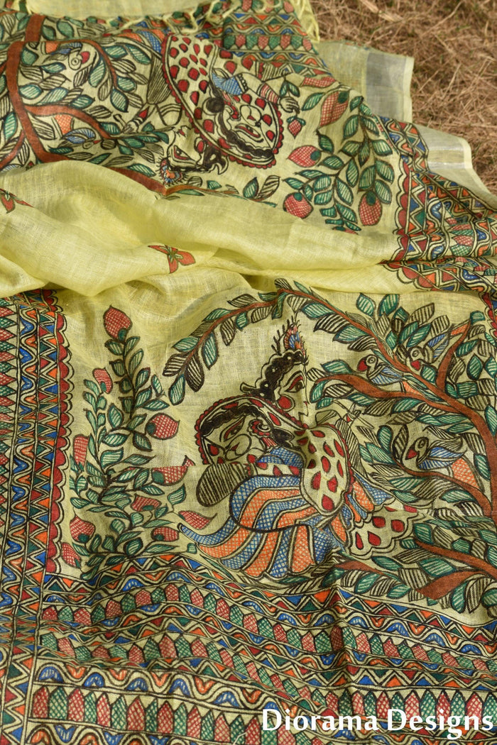 Handpainted Madhubani Linen Radha Krishna Dupatta