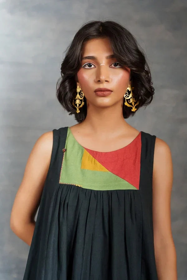 Handwoven Khadi Applique Dress with Artisan Detailing
