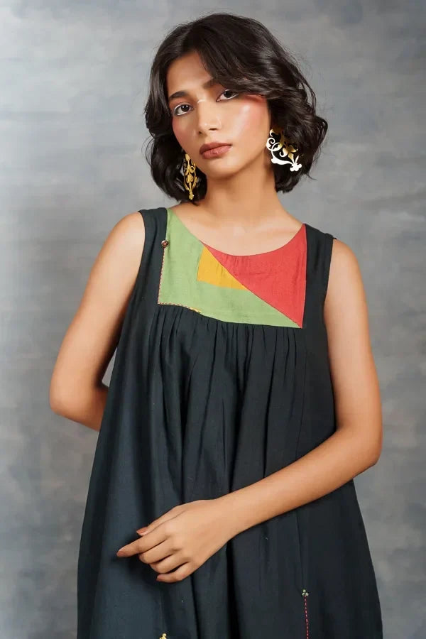 Handwoven Khadi Applique Dress with Artisan Detailing