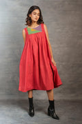 Handwoven Red Midi Dress with Triangle Yoke