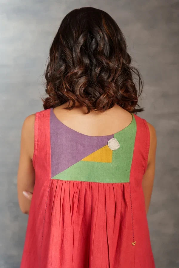 Handwoven Red Midi Dress with Triangle Yoke
