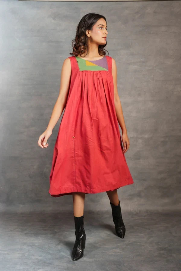 Handwoven Red Midi Dress with Triangle Yoke