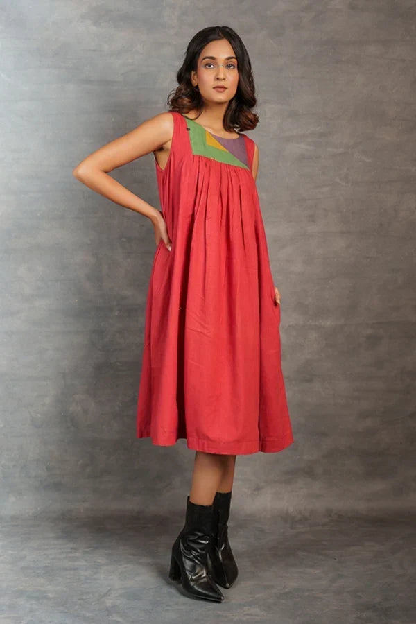 Handwoven Red Midi Dress with Triangle Yoke
