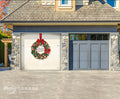 A Christmas wreaths with red ribbons and 'Happy Holidays' text on a beige farmhouse garage door background.
