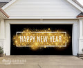 Garage door with 'Happy New Year' decoration in gold and white text on a black background.