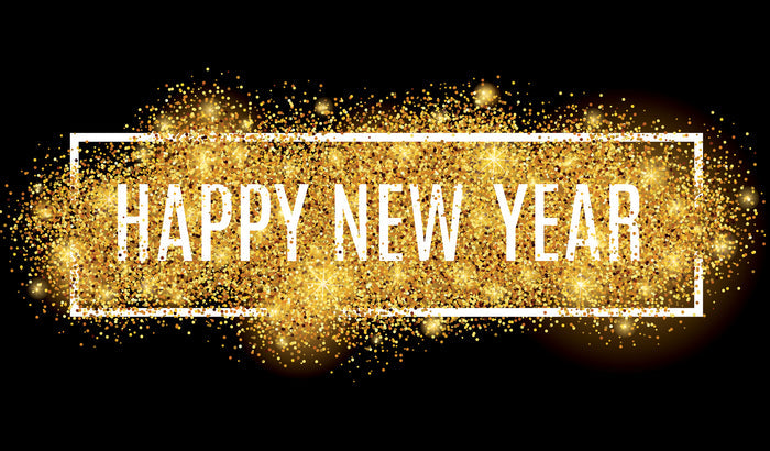 Gold glittery 'Happy New Year' text on a black background