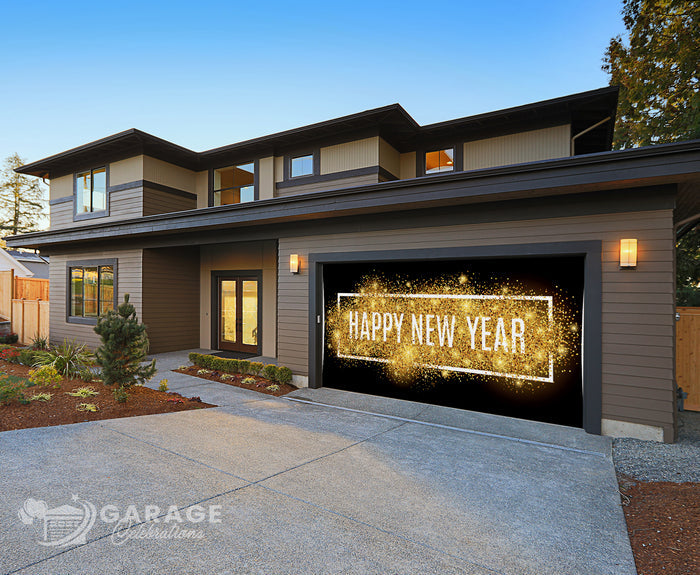 Modern house with a garage door displaying 'Happy New Year' text