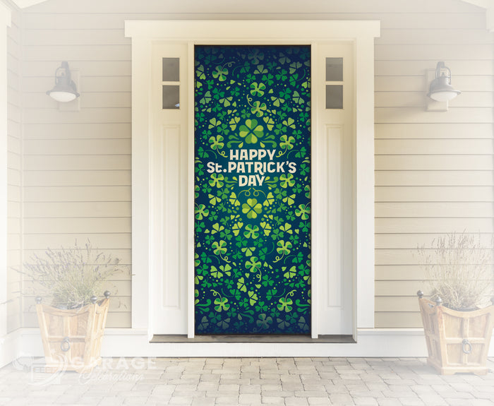 Decorative door with St. Patrick's Day design featuring shamrocks and text on a blue and green background.