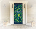 Decorative door with St. Patrick's Day design featuring shamrocks and text on a blue and green background.