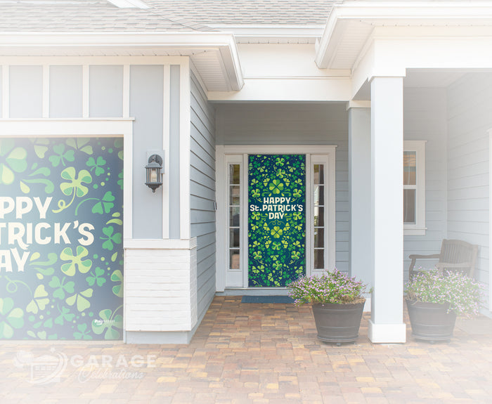 Front porch with 'Happy St. Patrick's Day' decorations on a house.