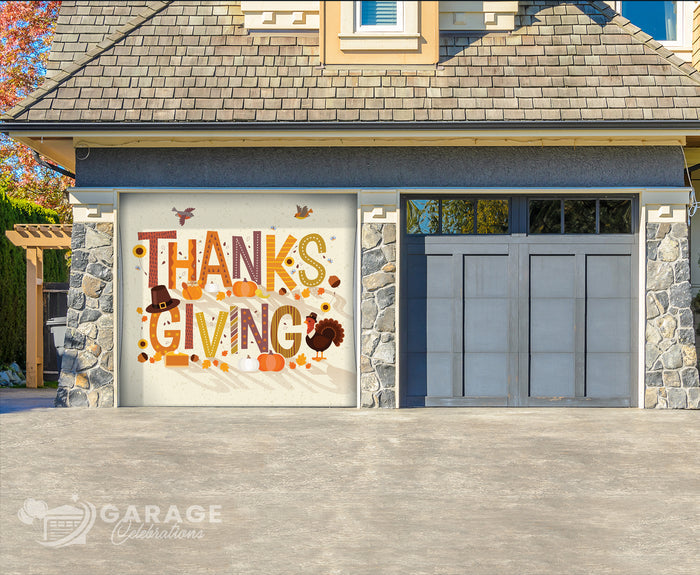 Garage door with Thanksgiving-themed design in front of a house