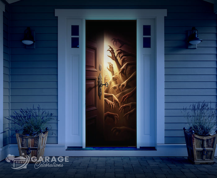 Decorative door wrap with a keyhole and hands reaching through, on a house exterior.