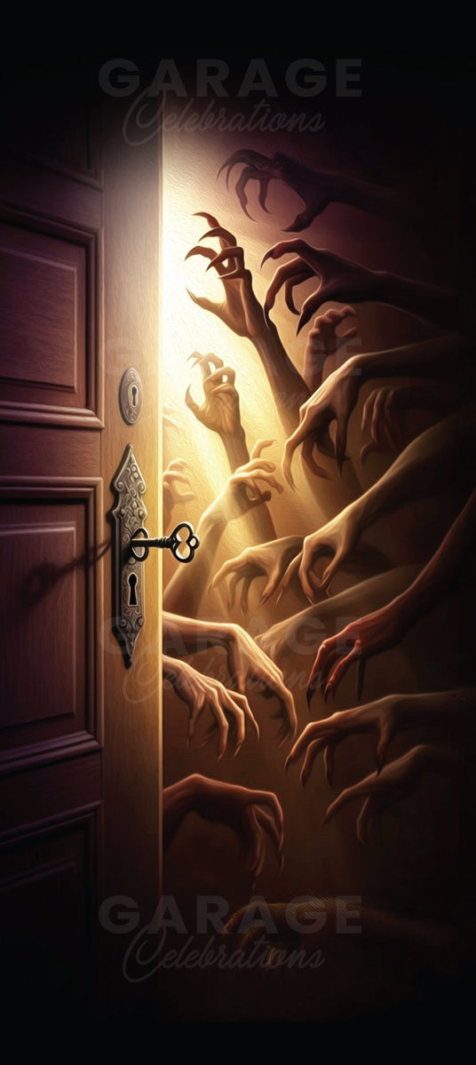 Illustration of hands reaching out from a dark space towards a light-filled doorway.