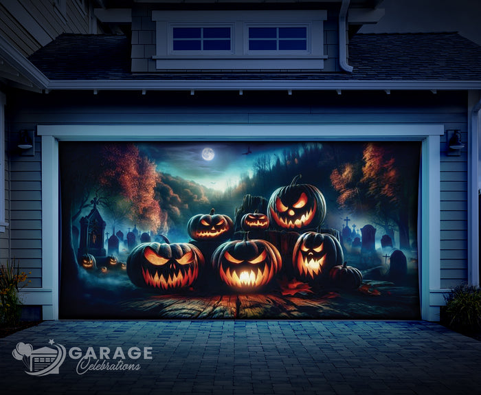 Garage door with Halloween-themed mural featuring glowing jack-o'-lanterns and a graveyard.