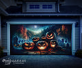 Garage door with Halloween-themed mural featuring glowing jack-o'-lanterns and a graveyard.