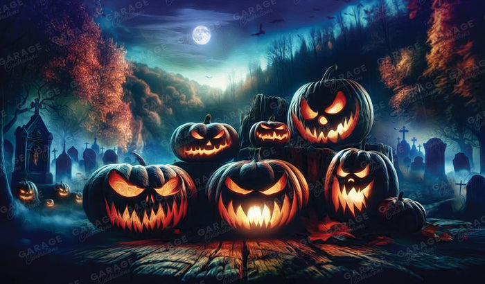 Halloween scene with carved pumpkins in a graveyard under a full moon.