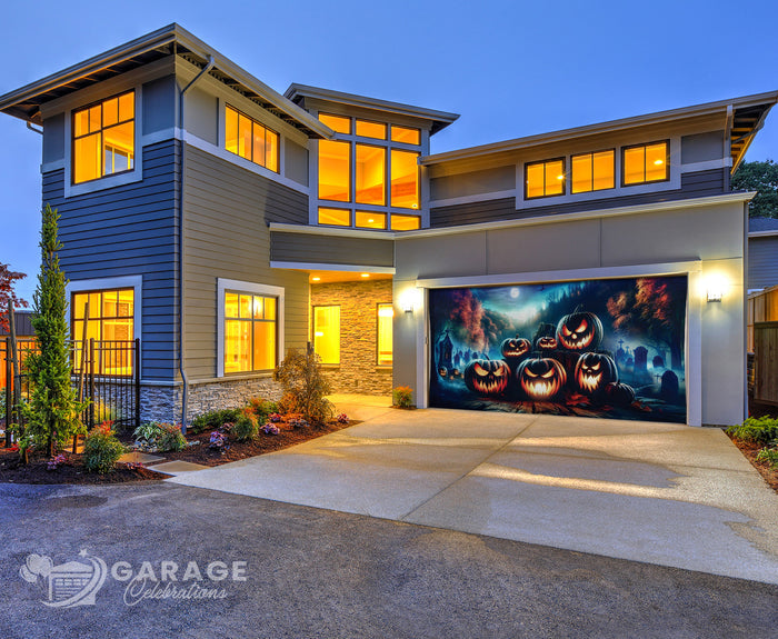 Modern house exterior with a Halloween-themed evil pumpkins garage door cover.