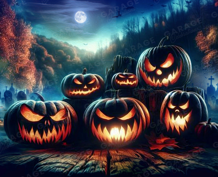 Carved pumpkins with glowing eyes on a Halloween-themed background.