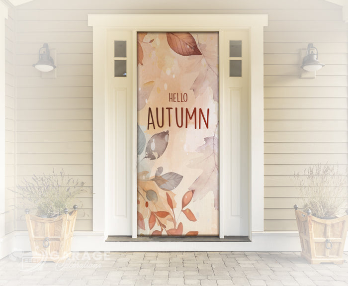 Decorative door with 'Hello Autumn' text and leaf design in a home entrance.
