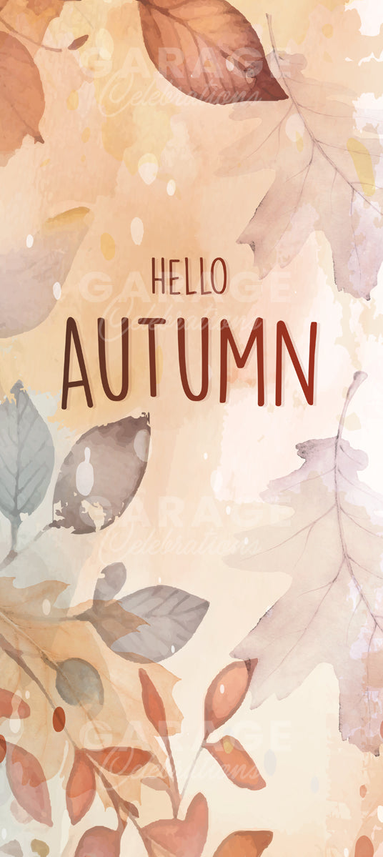 Autumn-themed design with leaves and 'Hello Autumn' text on a light background
