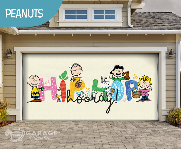 A colorful garage door cover featuring characters from the Peanuts comic strip, celebrating with the text 'Hip Hop Hooray!' on a white background.