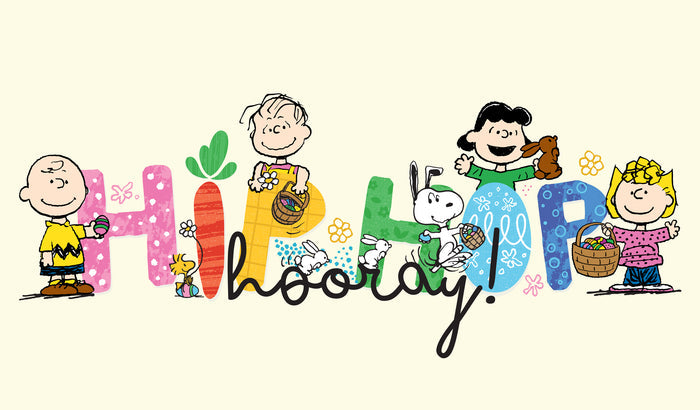 Image featuring characters from Peanuts, including Snoopy, Charlie Brown, and Woodstock, with the text 'Hip Hop Hooray!' on a spring-themed background.