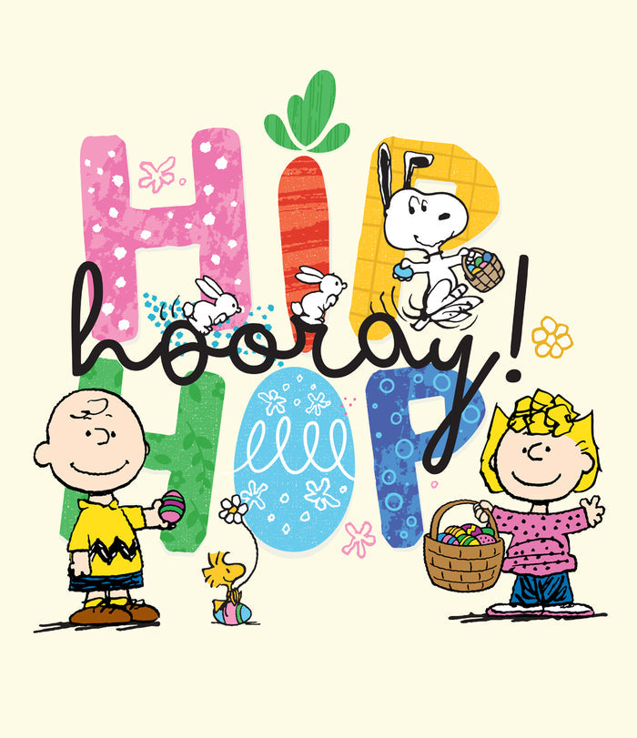 A decorative garage door cover featuring characters from Peanuts, including Snoopy, Charlie Brown, and Woodstock, with the text 'Hip Hop Hooray!' on a spring-themed background.